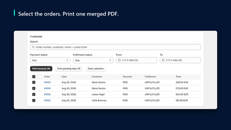 Selecting orders in the Shopify admin and starting a bulk print run in Reamly