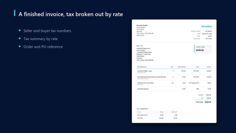 A finished Reamly invoice PDF showing line items, a tax summary by rate and the seller VAT number